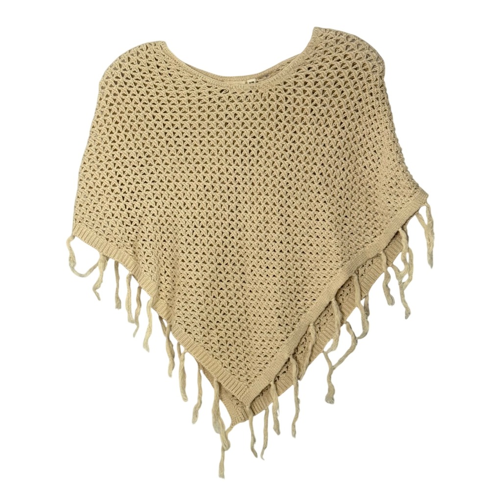 Mudd Crochet Poncho Beige Tassel Fringe Knit Cape - Small